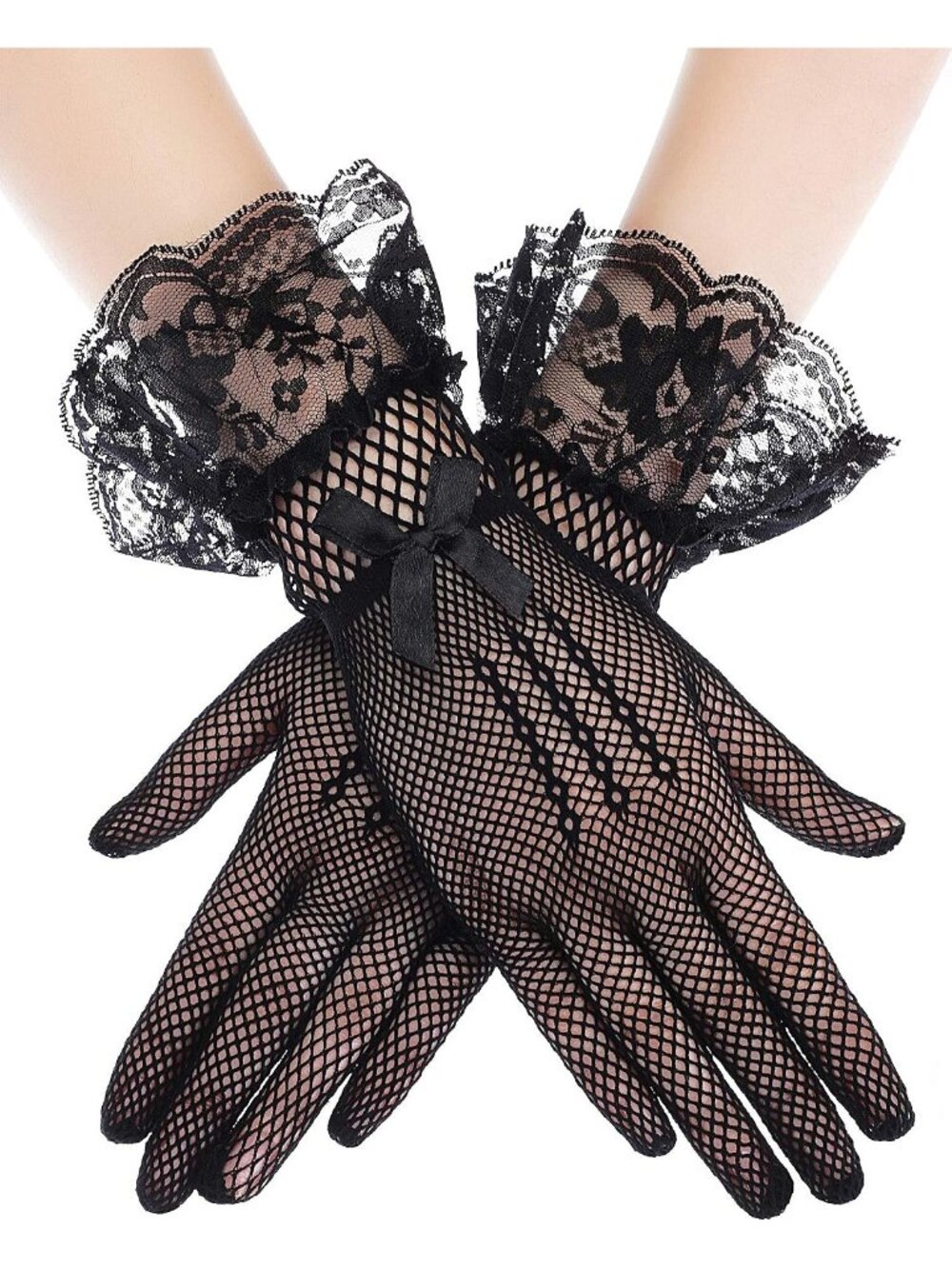 Women Black Fishnet Diamond Pattern Ruffled Cuff Satin Ribbon Short Lace Gloves